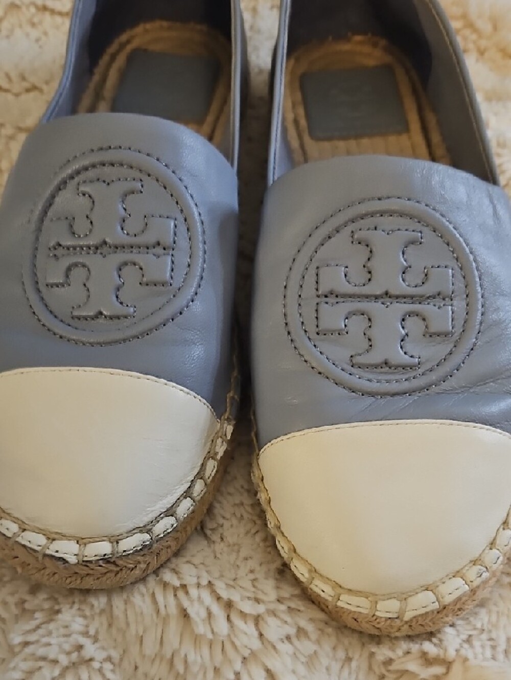Tory Burch Two-Tone Leather Espadrille Slip-Ons in Light Blue and White - Picture 3 of 4